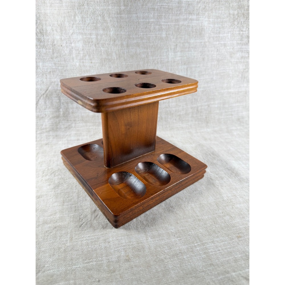Vintage Mid Century Modern Wooden 6 Slot Tobacco Pipe Stand Rack Display Brown